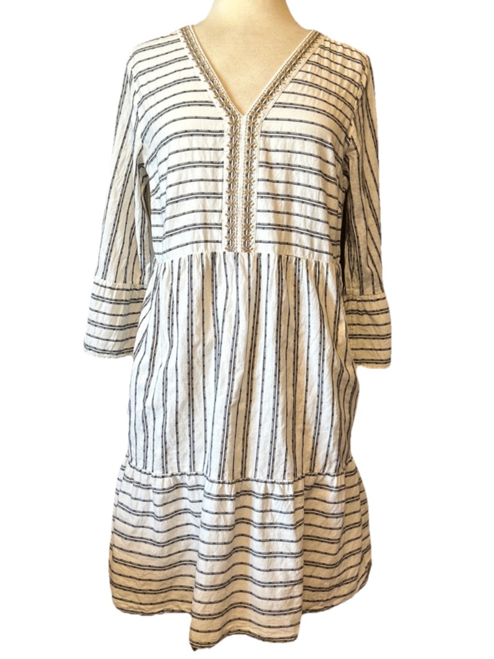 J Jill Tiered Dress White with Black Stripes 3/4 Bell Sleeve V-Neckline